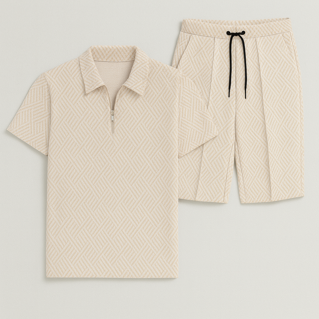 Modern Men's Casual Set with Trendy Print – Beige