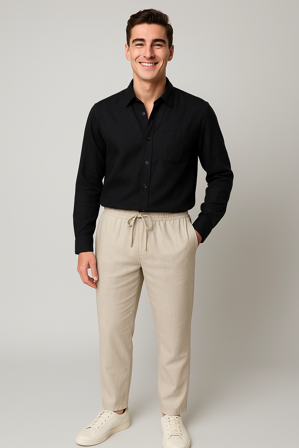 Classic Men's Linen Shirt and Trouser Set - Black-Beige