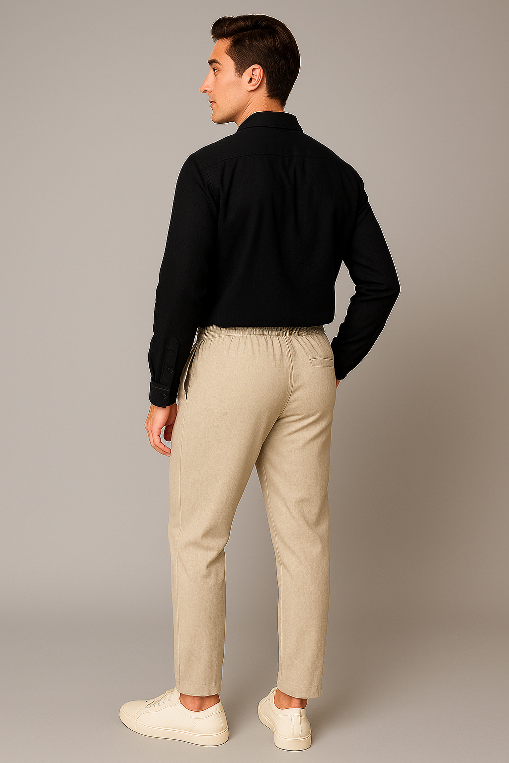 Classic Men's Linen Shirt and Trouser Set - Black-Beige