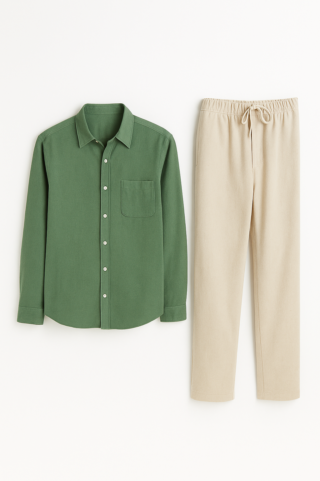 Classic Men's Linen Shirt and Trouser Set - Green-Beige