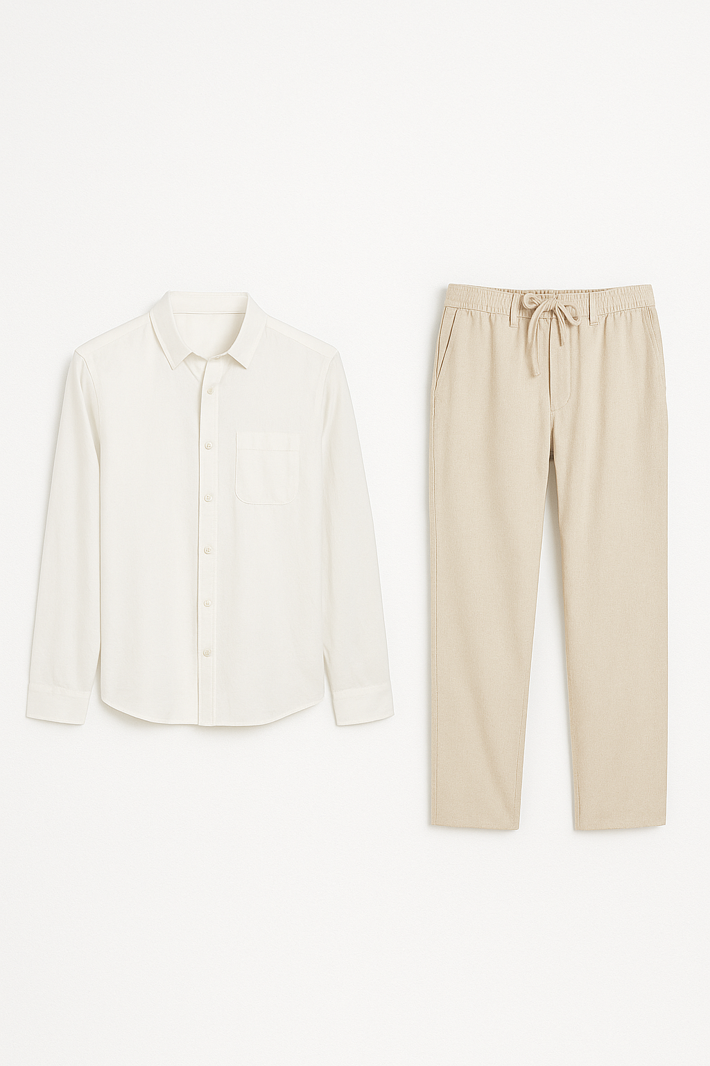 Classic Men's Linen Shirt and Trouser Set - White-Beige