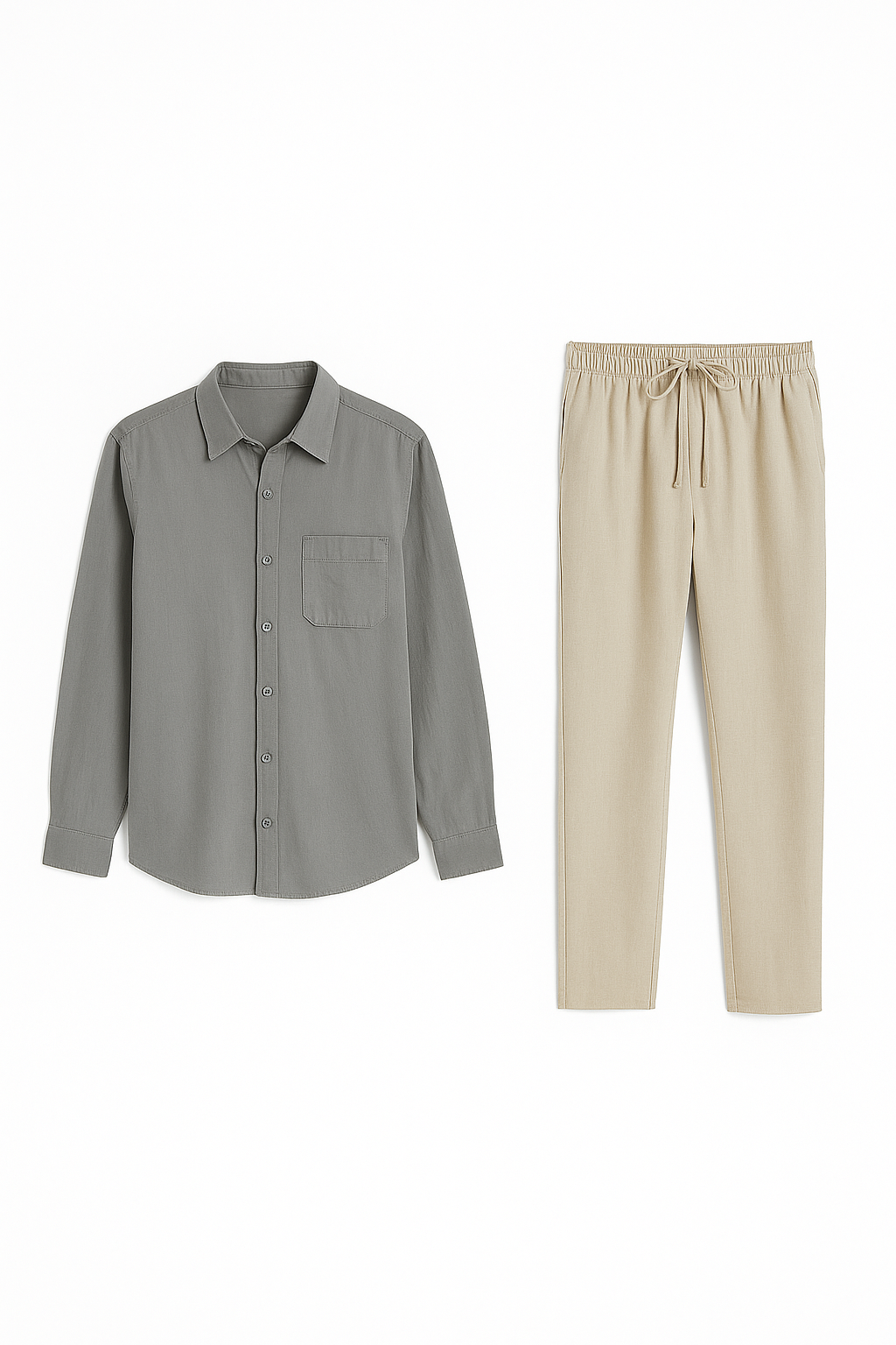 Classic Men's Linen Shirt and Trouser Set - Gray-Beige