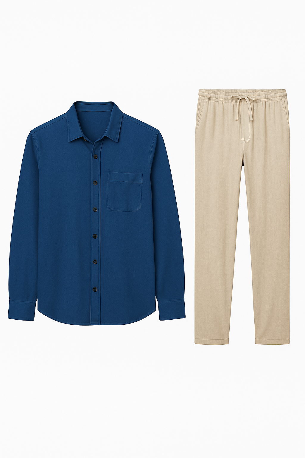 Classic Men's Linen Shirt and Trouser Set - Blue-Beige