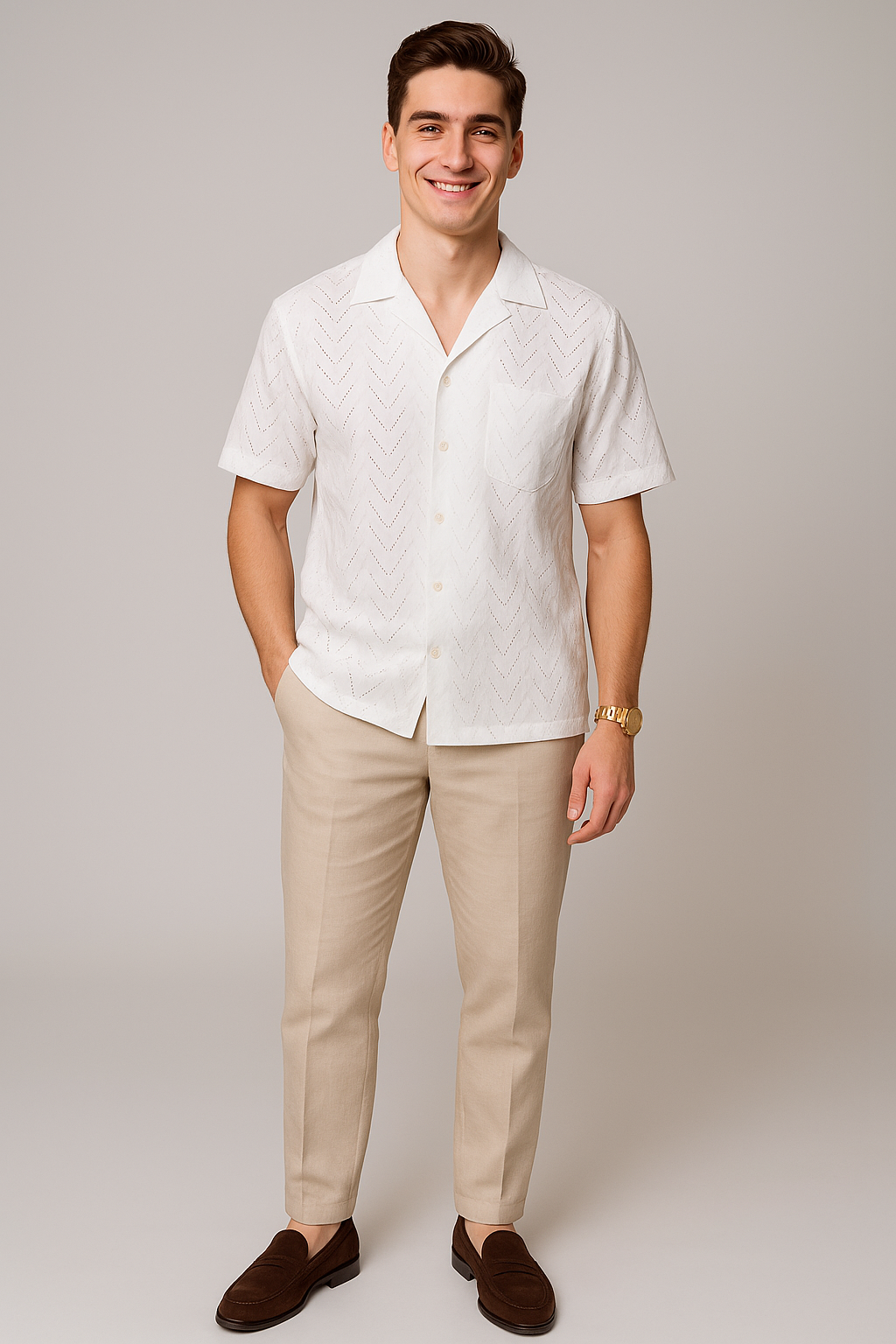 Modern Men's Short Sleeve Shirt with Buttoned Collar – White