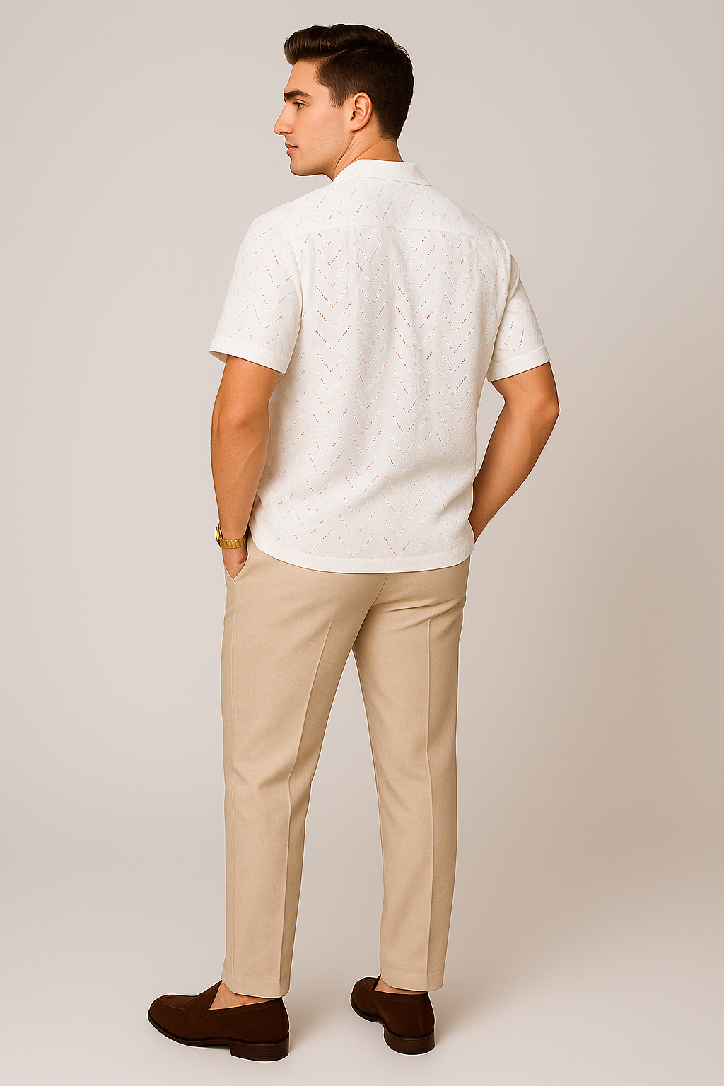 Modern Men's Short Sleeve Shirt with Buttoned Collar – White