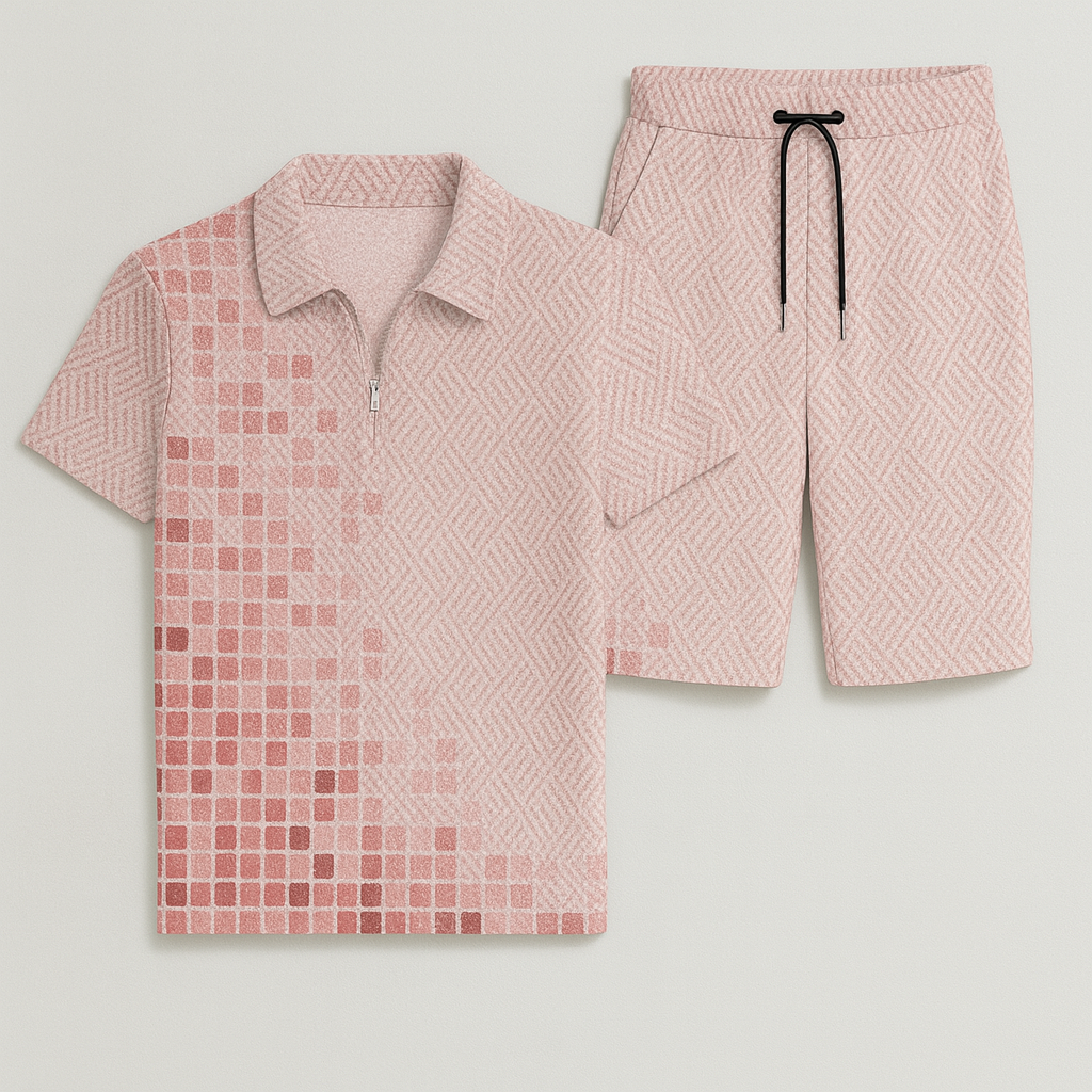 Modern Men's Casual Set with Trendy Print – Pink-Gray