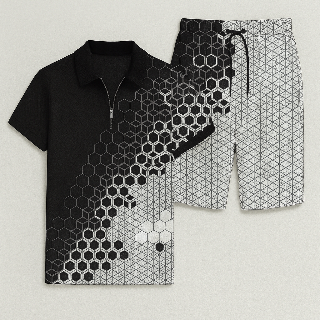 Modern Men's Casual Set with Trendy Print – Black-White