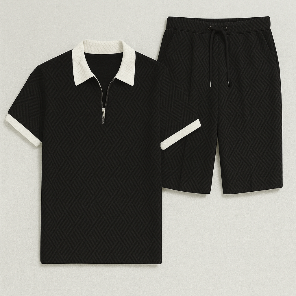 Modern Men's Casual Set with Trendy Print – Black