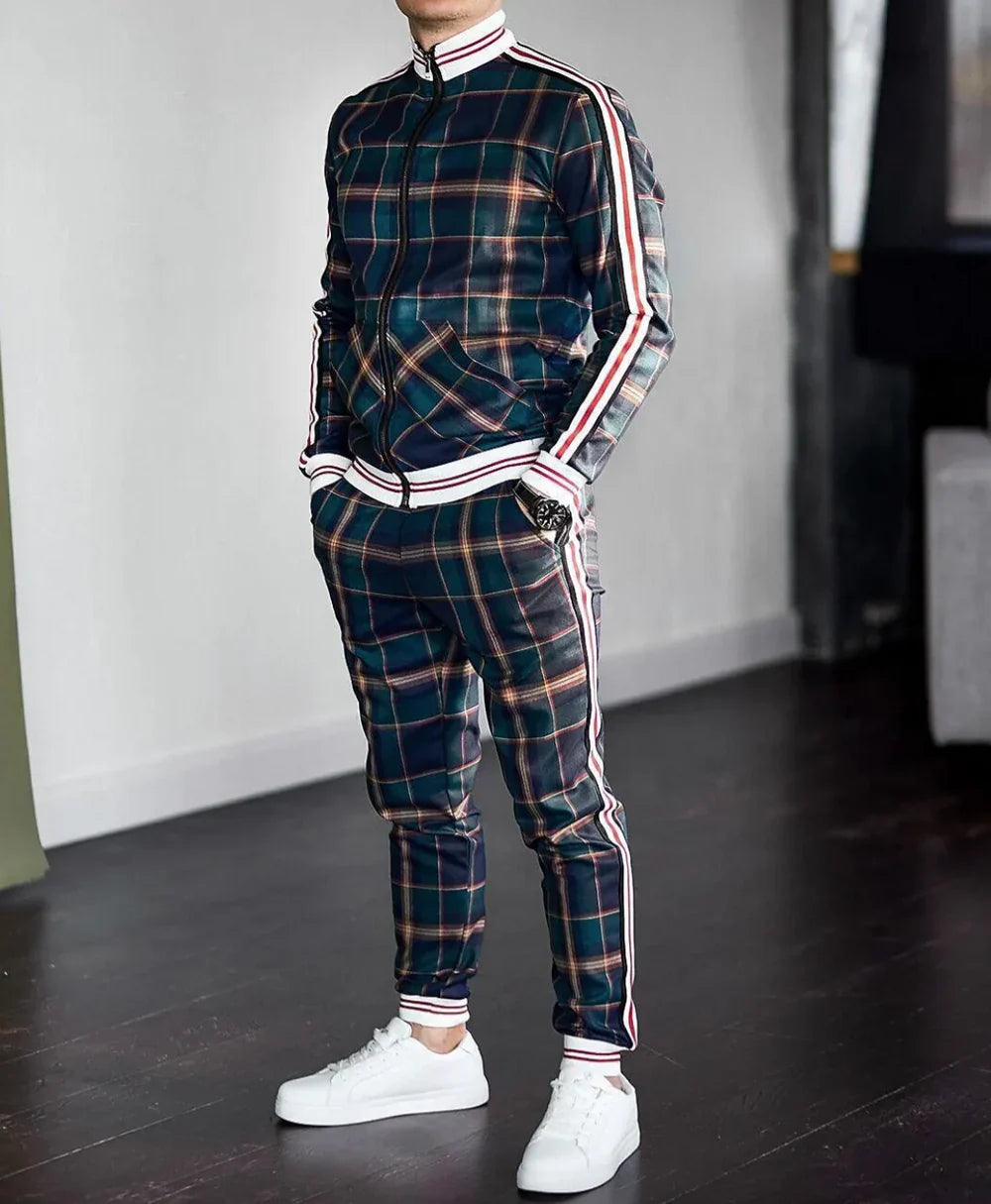 Men’s Tracksuit Set – Plaid Zip-Up Jacket and Jogger Pants for a Trendy Street Look