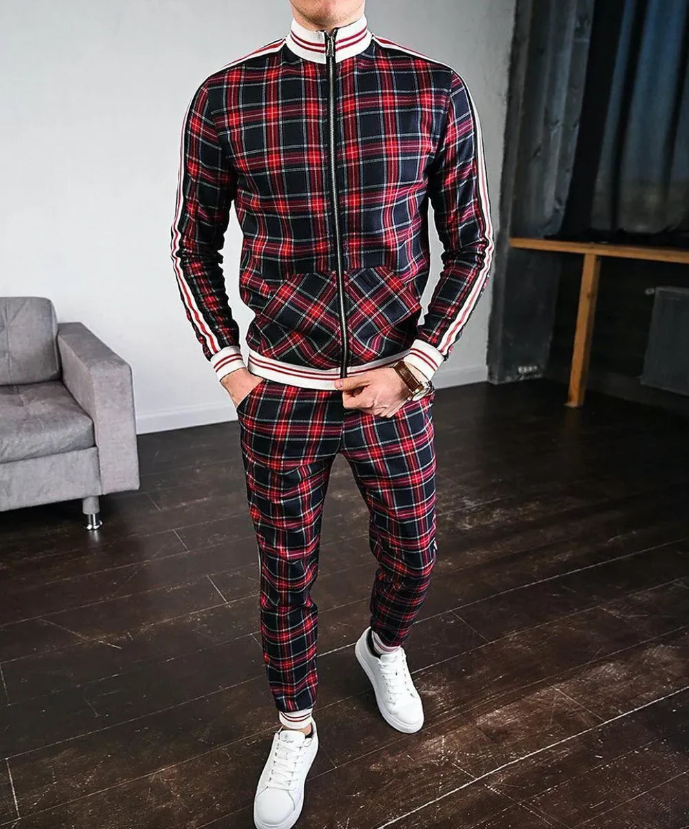 Men’s Tracksuit Set – Plaid Zip-Up Jacket and Jogger Pants for a Trendy Street Look