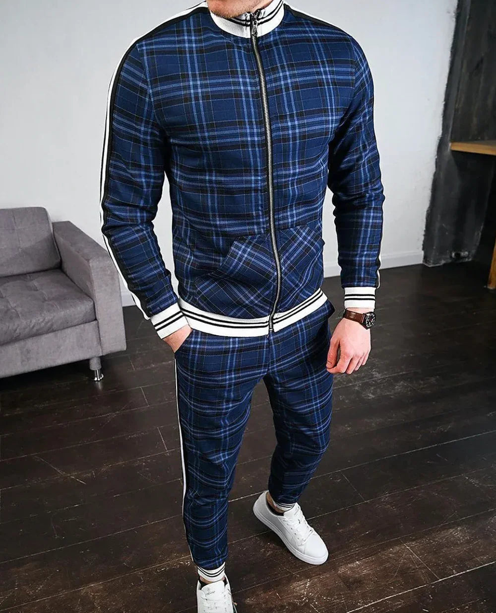 Men’s Tracksuit Set – Plaid Zip-Up Jacket and Jogger Pants for a Trendy Street Look