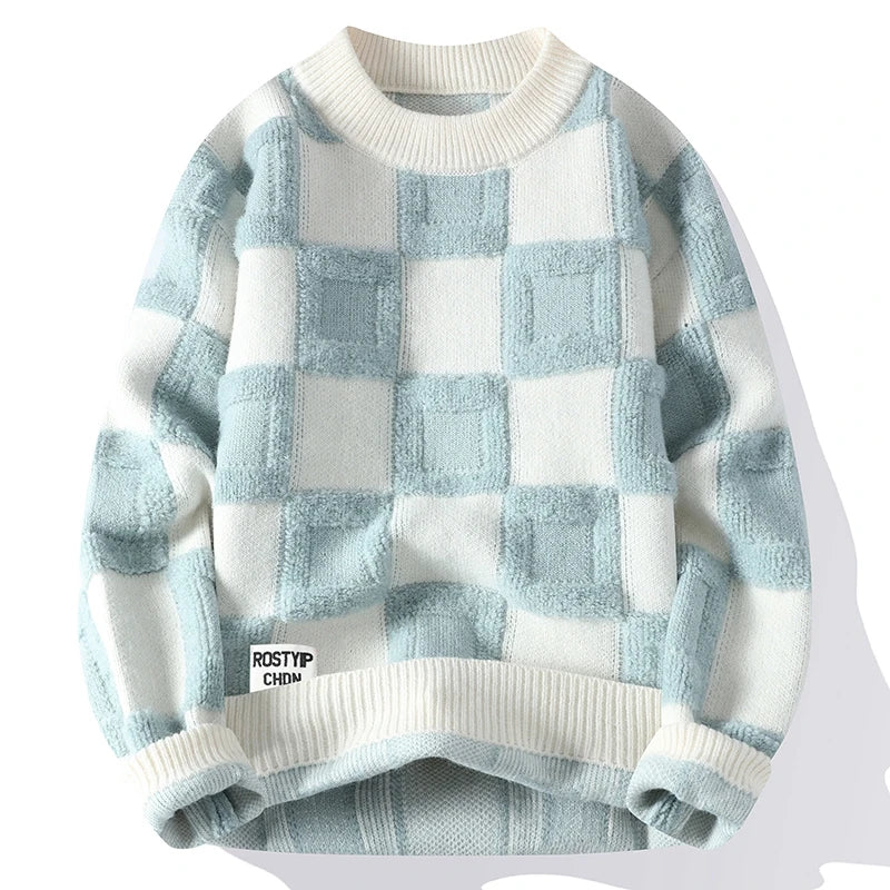 Men's Casual Checkered Oversized Sweater - Light Blue