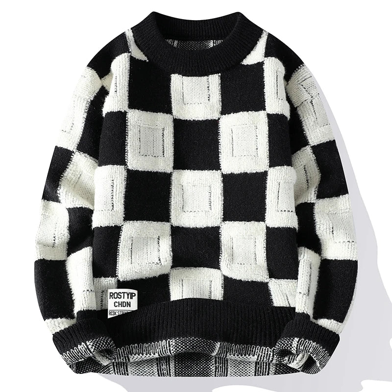 Men's Casual Checkered Oversized Sweater - Black