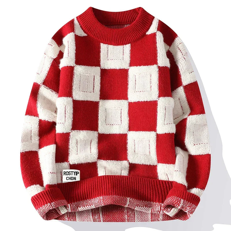 Men's Casual Checkered Oversized Sweater - Red