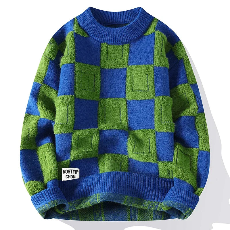 Men's Casual Checkered Oversized Sweater - Green and Blue