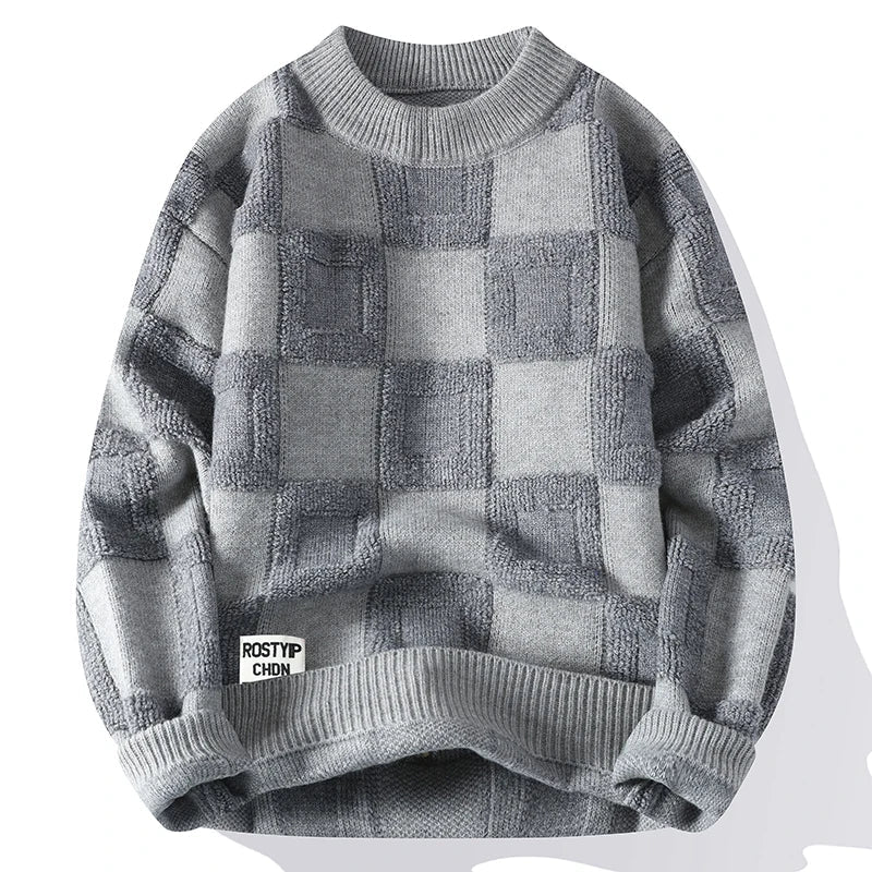 Men's Casual Checkered Oversized Sweater - Gray