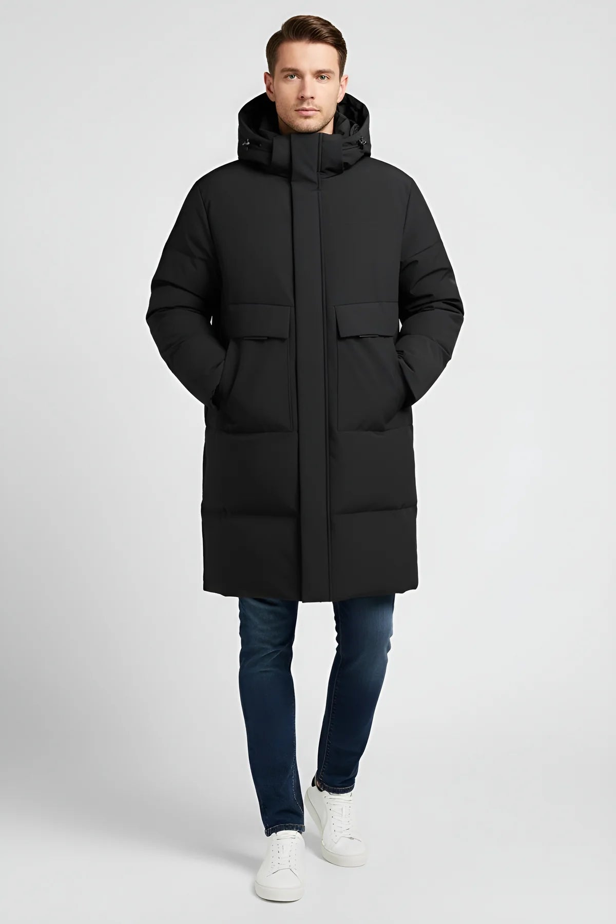 Men’s Long Hooded Puffer Jacket – Functional Warmth & Contemporary Appeal