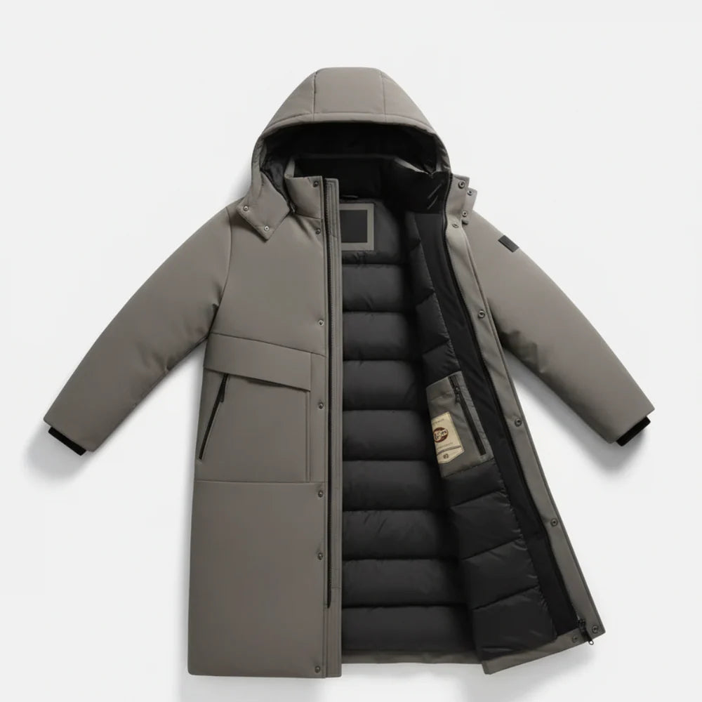 Men’s Long Hooded Puffer Jacket – Functional Warmth & Contemporary Appeal