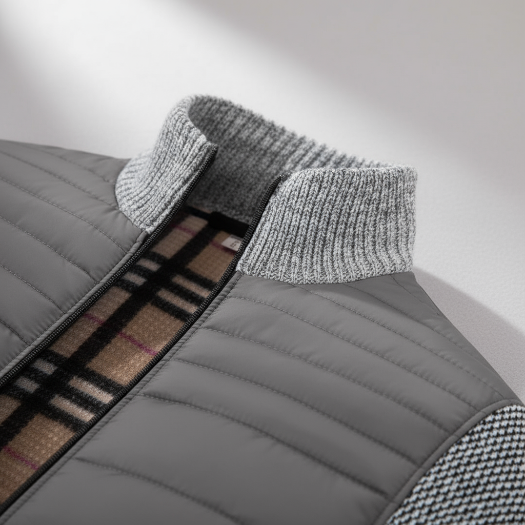 Men’s Quilted Winter Jacket – Textured Knit Sleeves & Insulated Zip Design