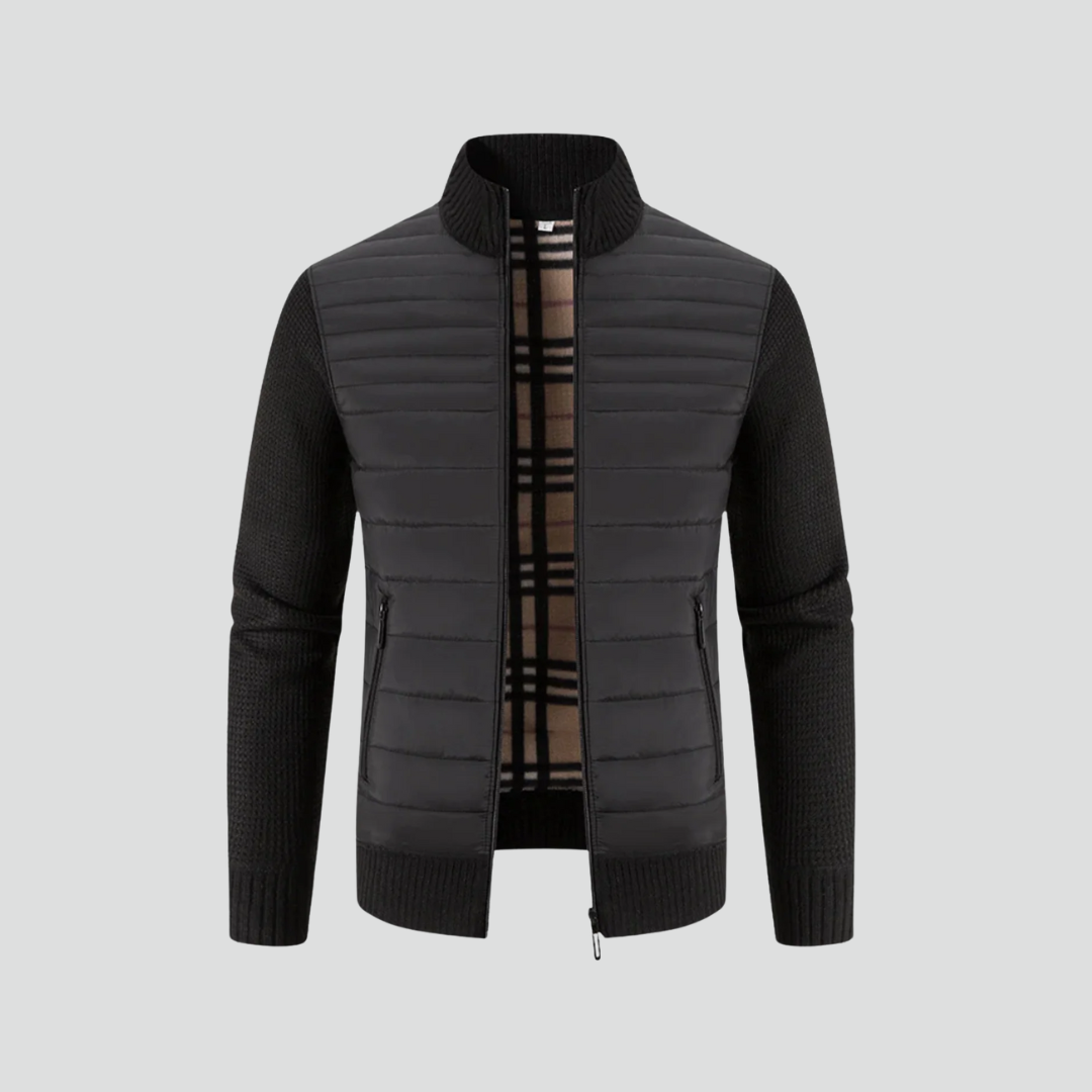 Men’s Quilted Winter Jacket – Textured Knit Sleeves & Insulated Zip Design