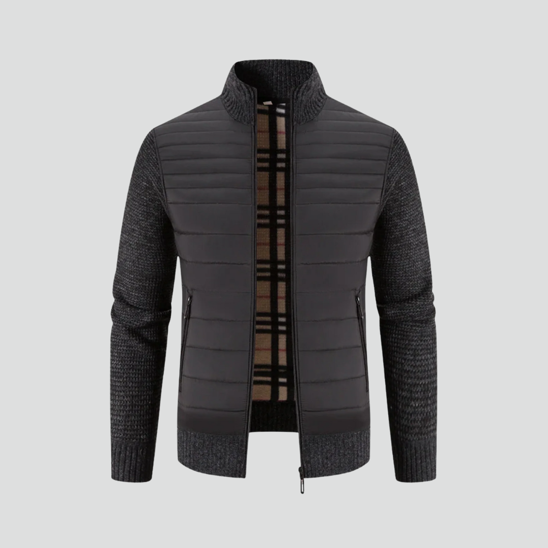 Men’s Quilted Winter Jacket – Textured Knit Sleeves & Insulated Zip Design