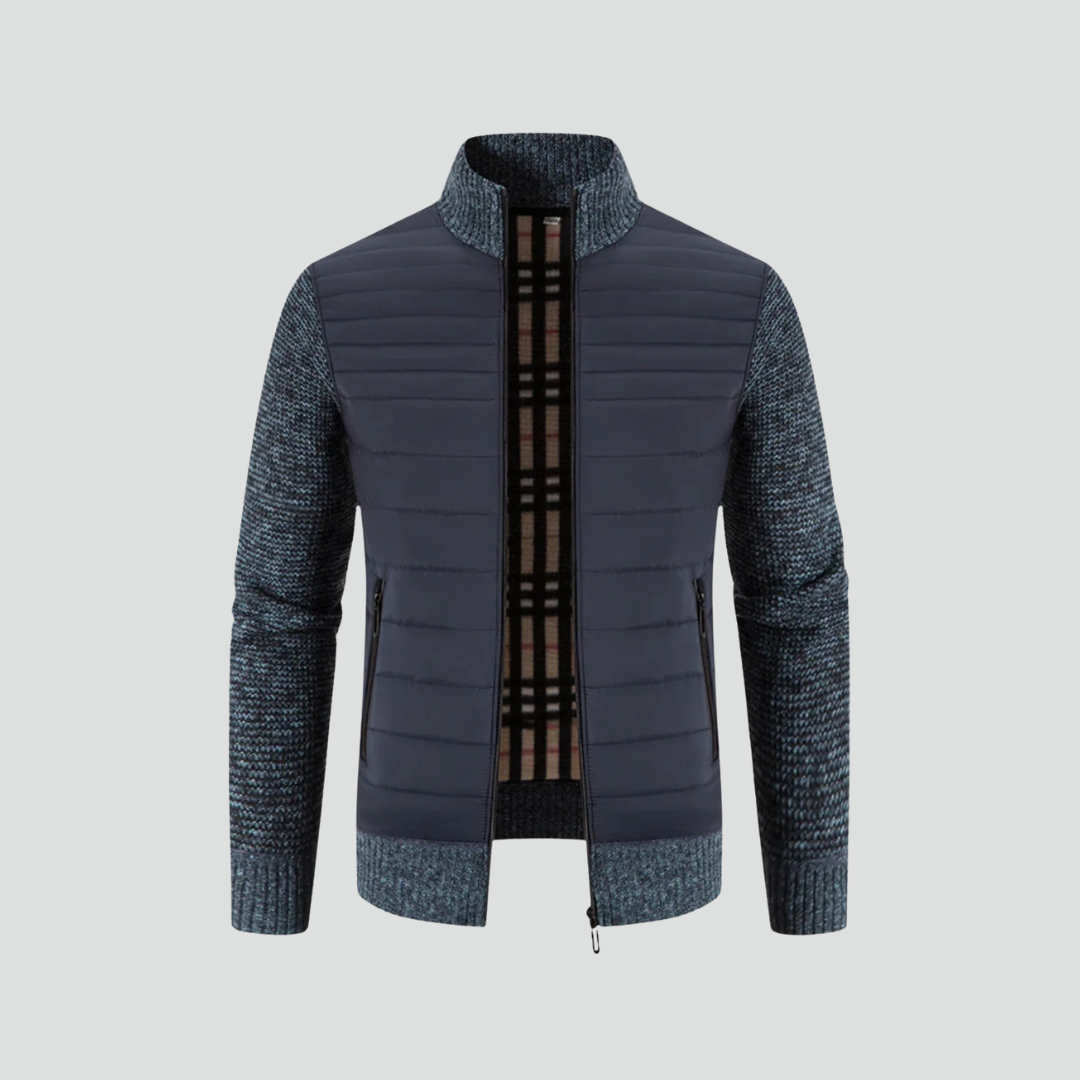Men’s Quilted Winter Jacket – Textured Knit Sleeves & Insulated Zip Design