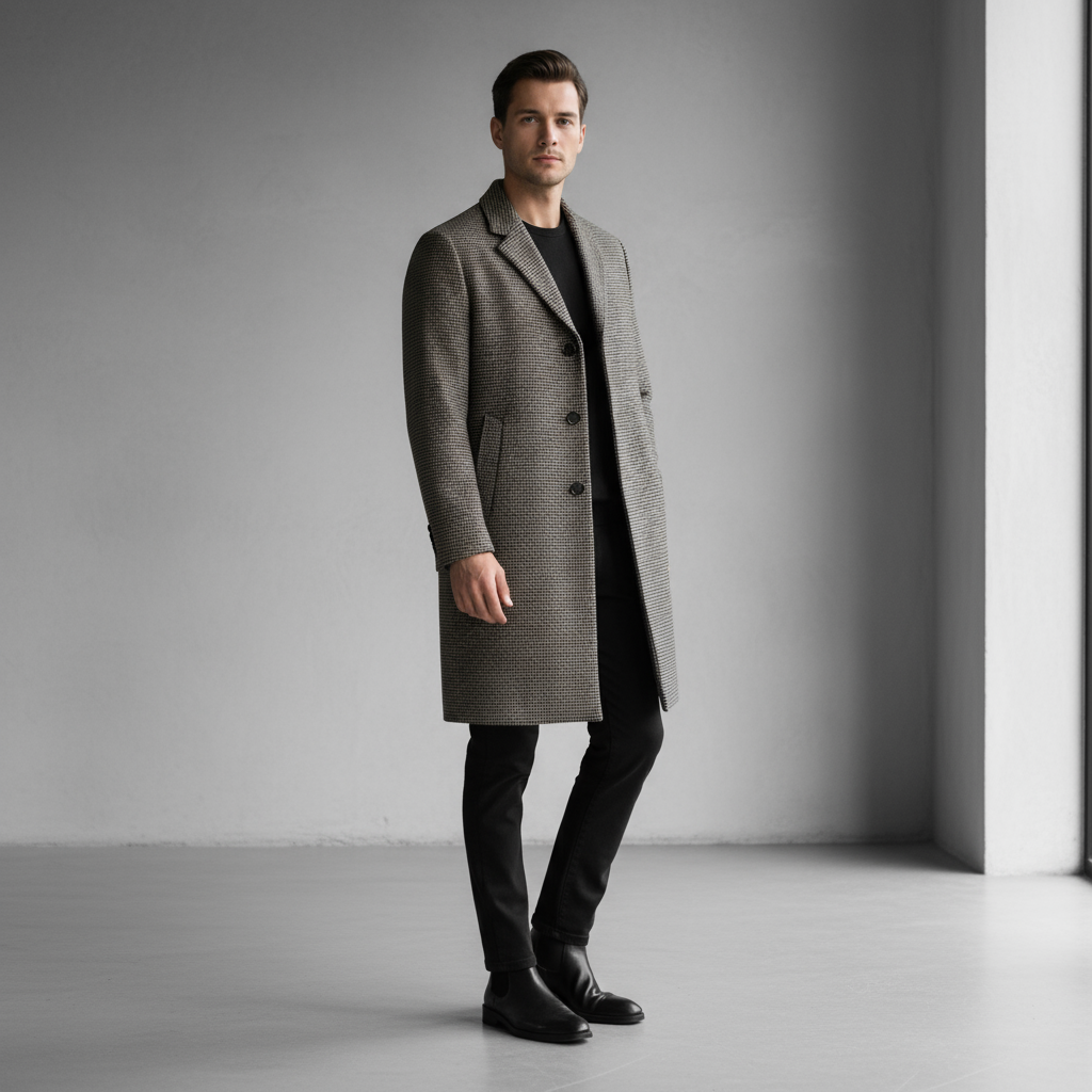 Men’s Classic Coat – Checked Pattern & Refined Long Silhouette