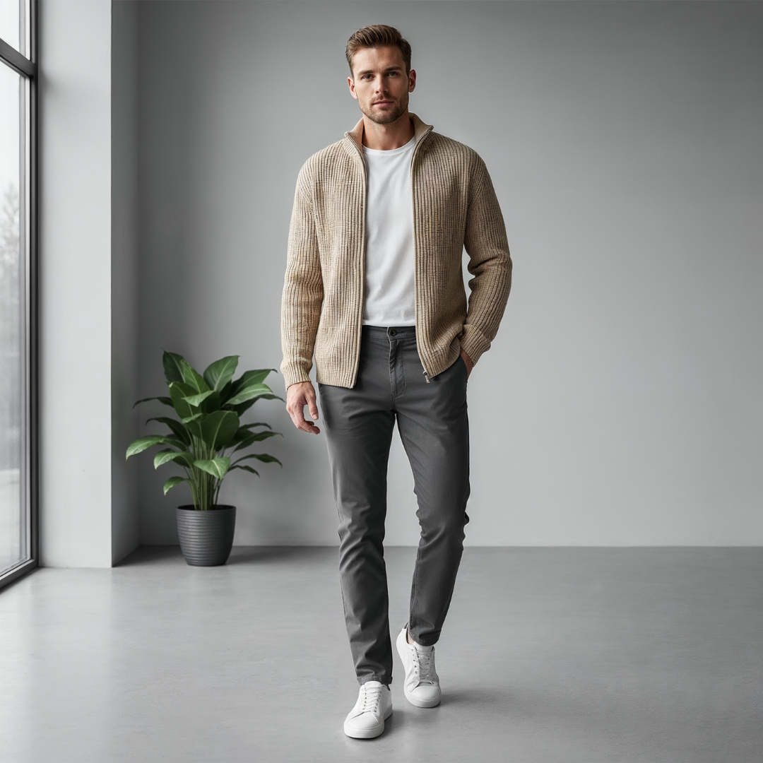 Men’s Turtleneck Zip-Up Sweater – Ribbed Texture & Modern Relaxed Fit