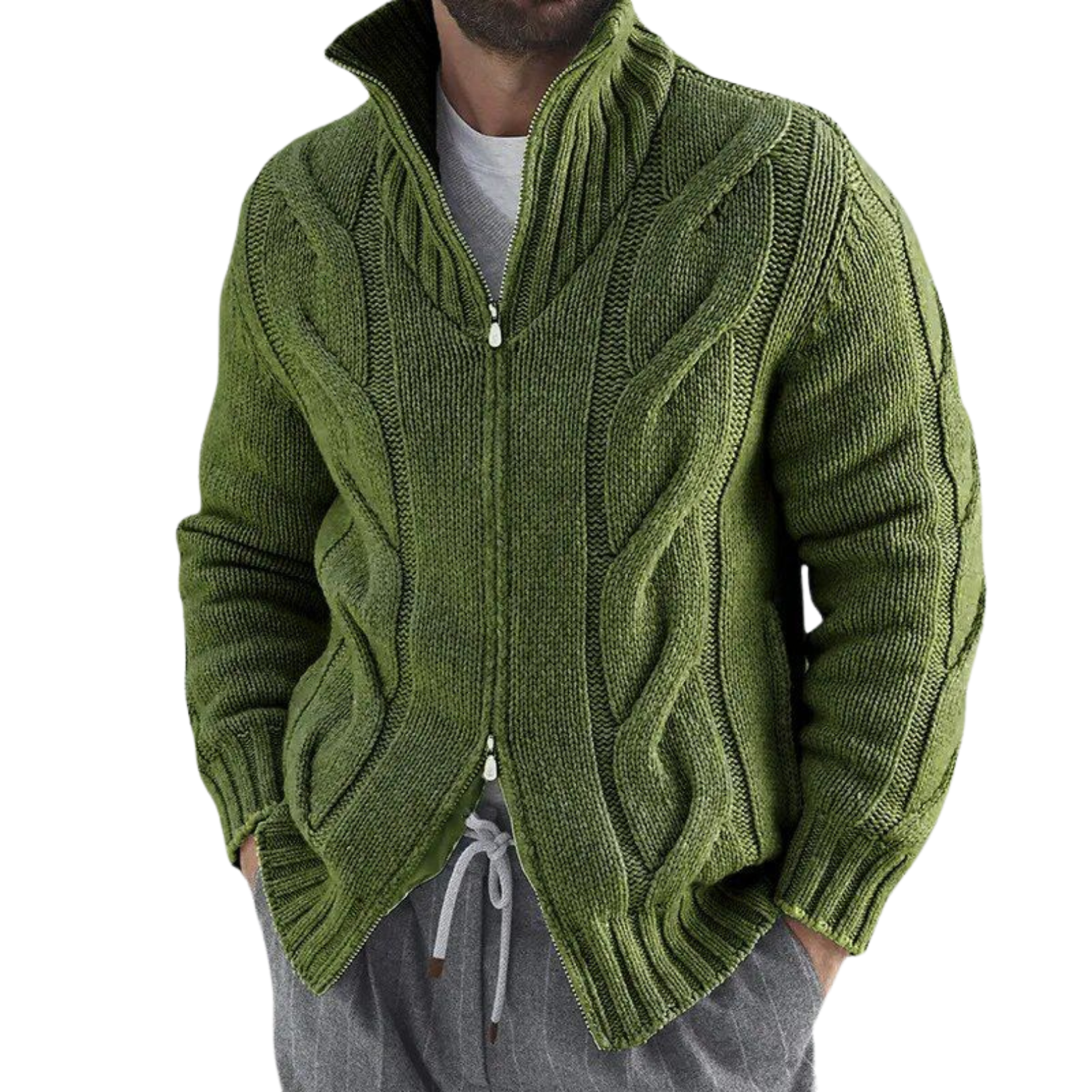 Men's Turtleneck Knitted Cardigan - Green