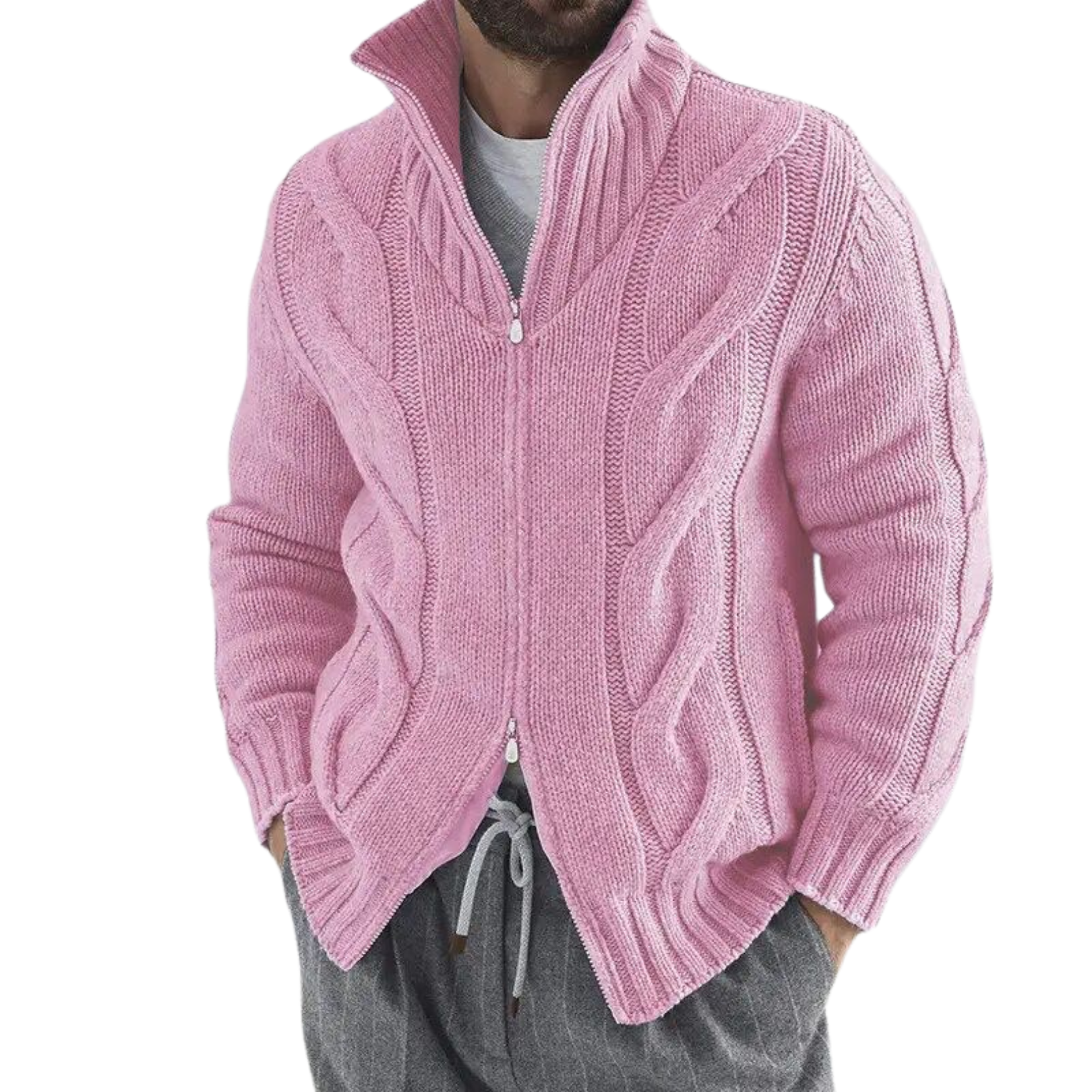 Men's Turtleneck Knitted Cardigan - Pink
