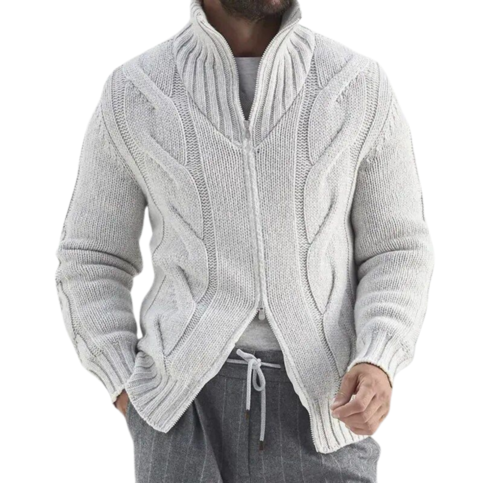 Men's Turtleneck Knitted Cardigan - White