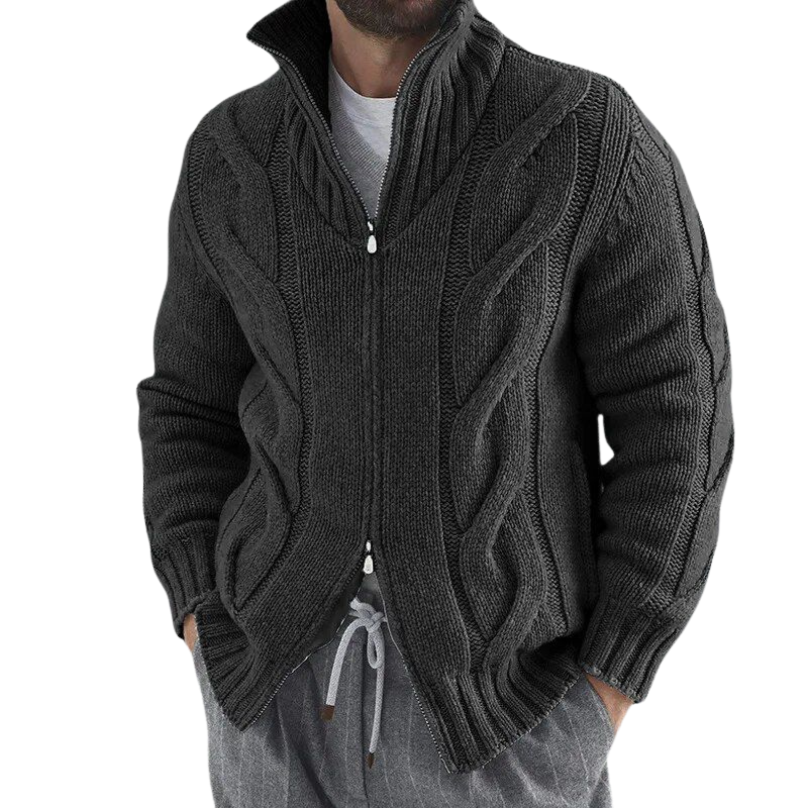 Men's Turtleneck Knitted Cardigan - Black