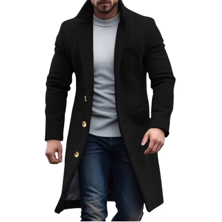 Men's Elegant Winter Long Coat - Black