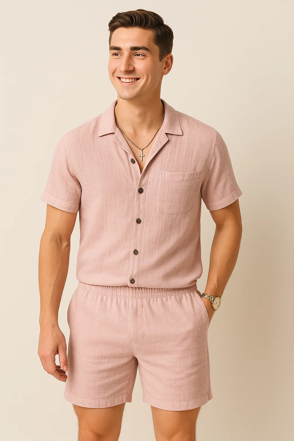 Modern Style Men’s Two-Piece Linen Set - Pink