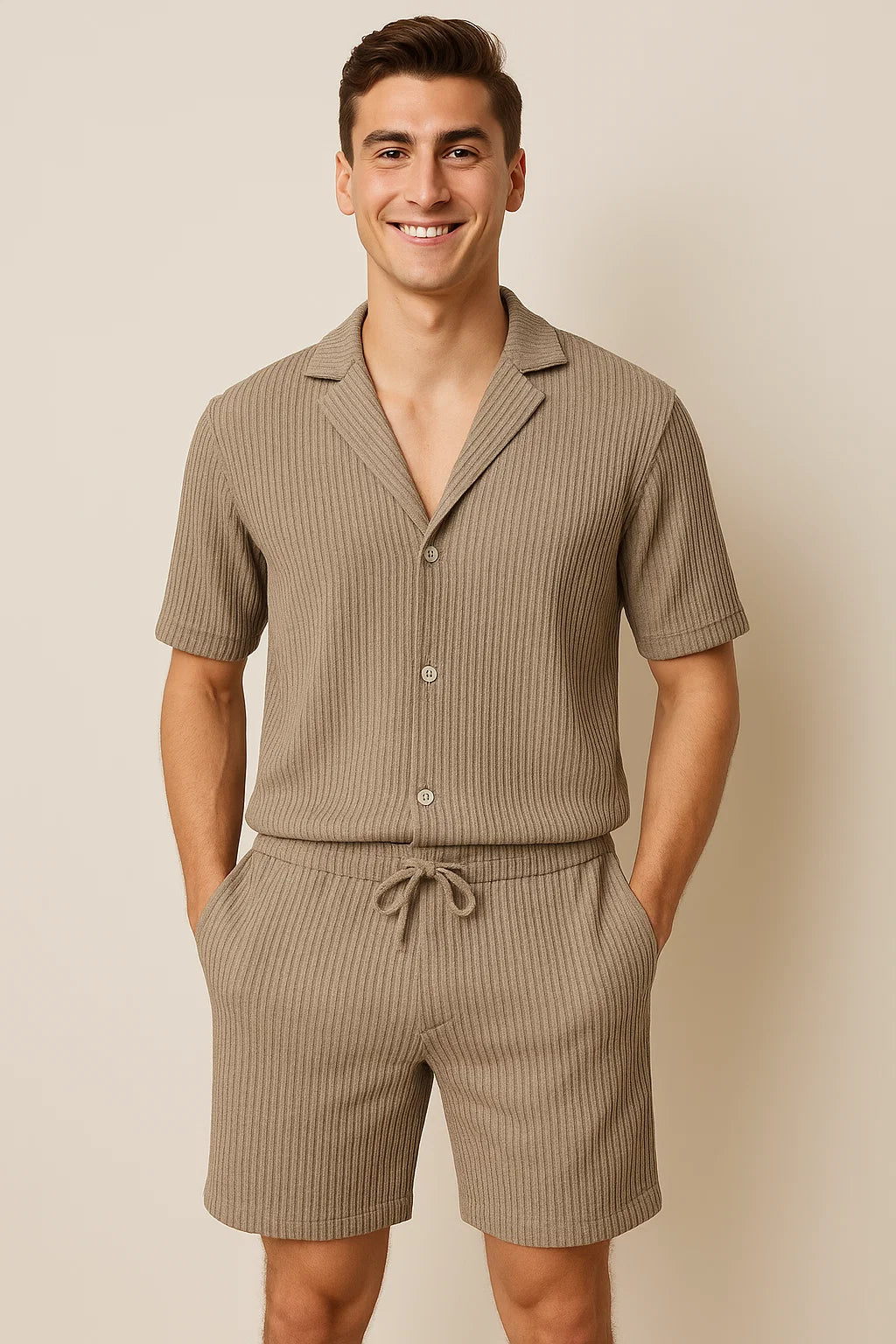 Classic Men’s Shirt and Shorts Set - Beige