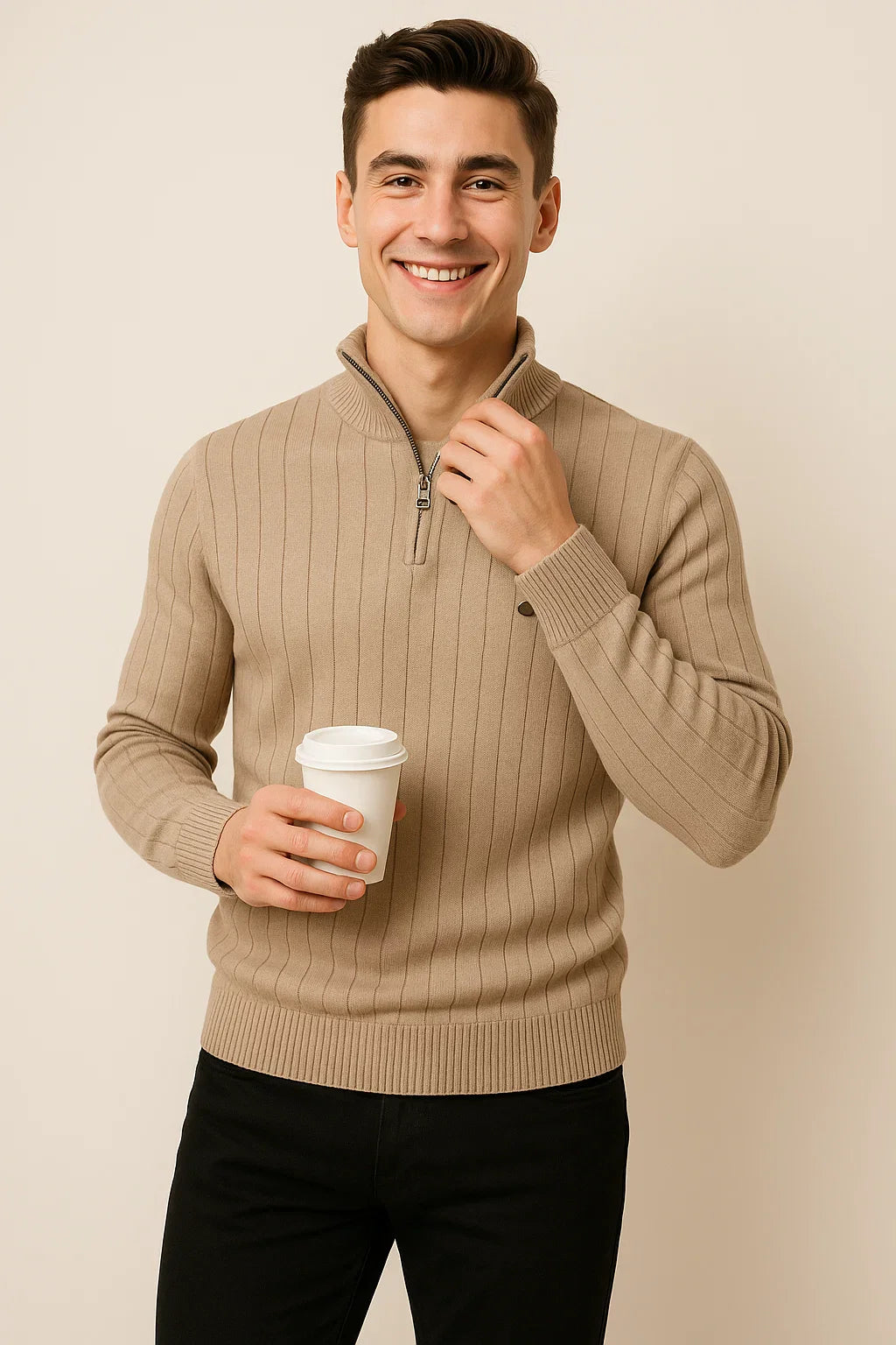 Men's Elegant Knitted Quarter-Zip Sweater - Khaki