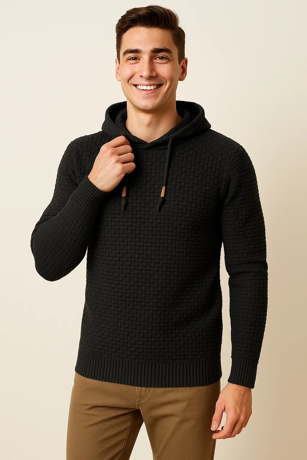Men's Modern Style Textured Hoodie - Black