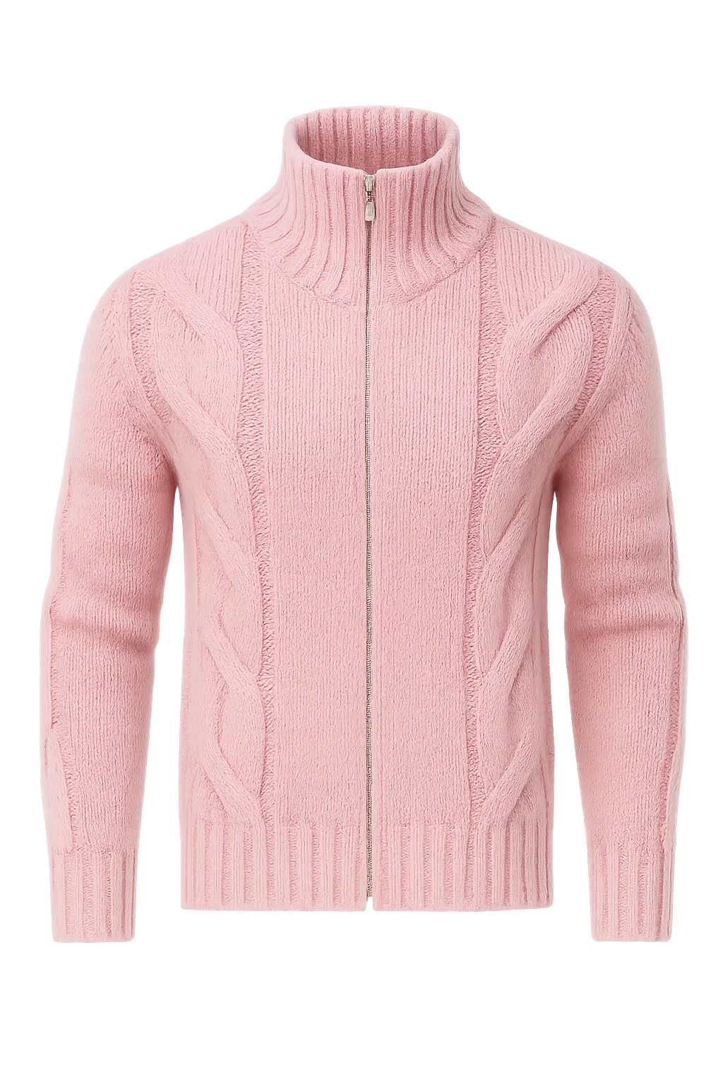 Men's Turtleneck Knitted Cardigan - Pink