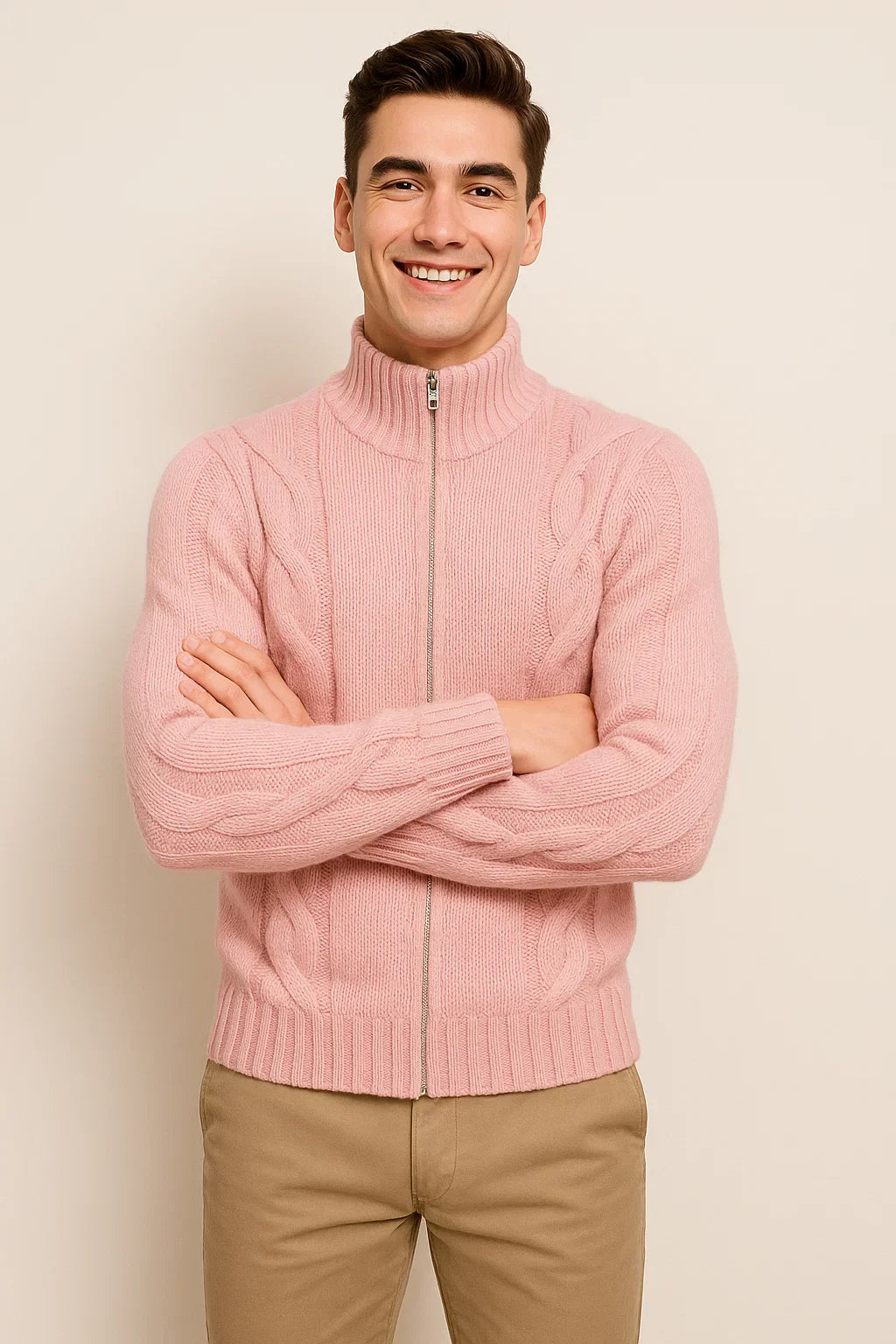 Men's Turtleneck Knitted Cardigan - Pink