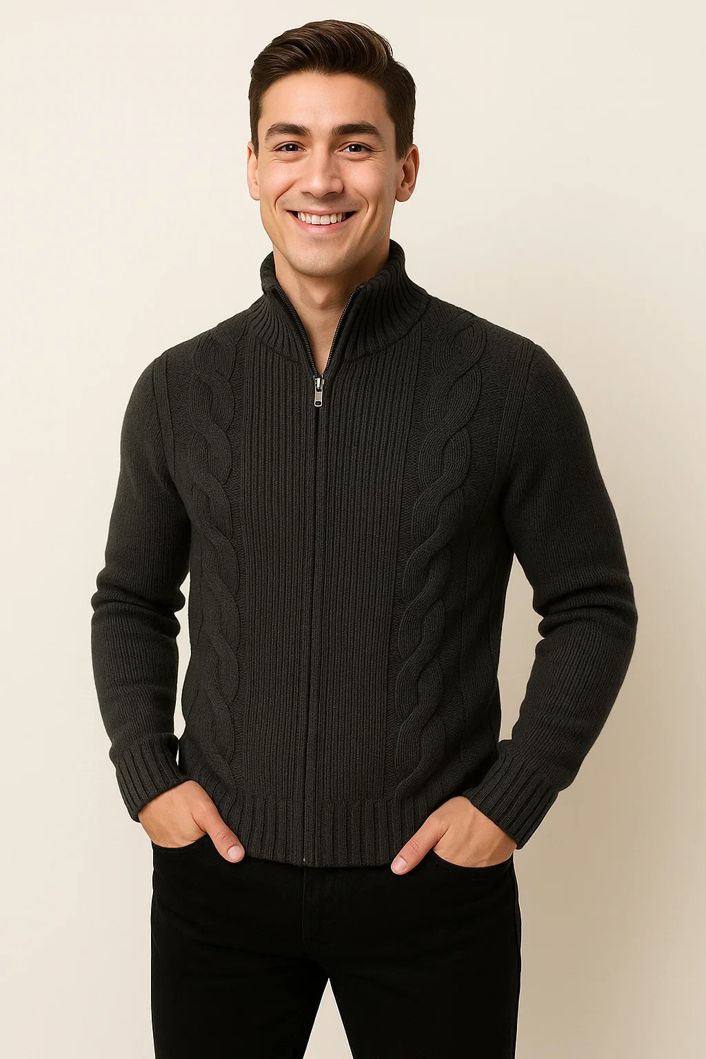Men's Turtleneck Knitted Cardigan - Black