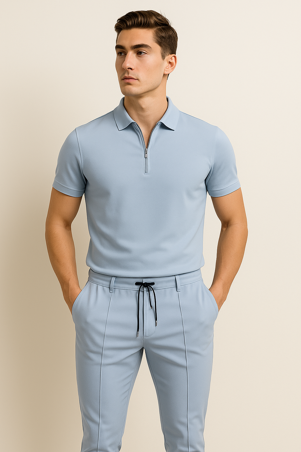 Casual Men's Polo and Trousers Set – Light Blue