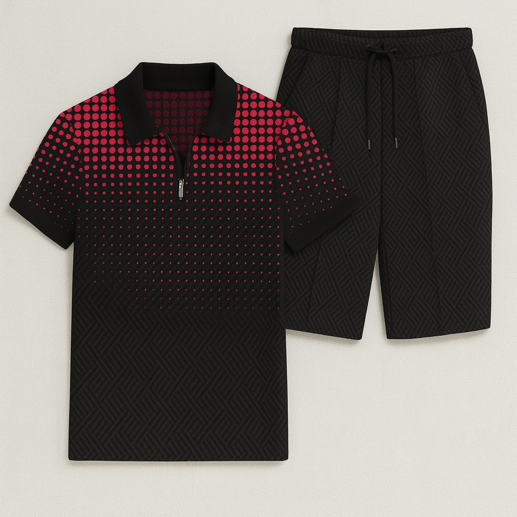 Modern Men's Casual Set with Trendy Print – Red-Black