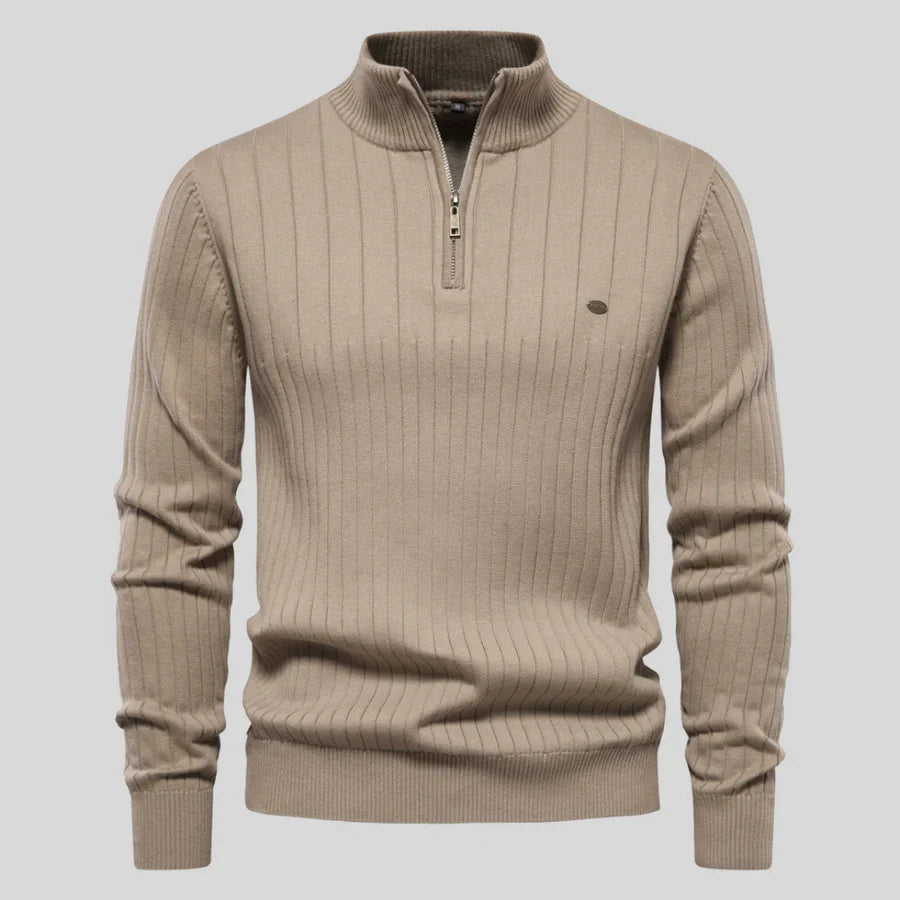Men's Elegant Knitted Quarter-Zip Sweater - Khaki