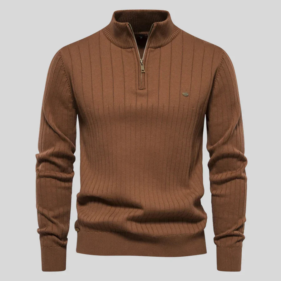 Men's Elegant Knitted Quarter-Zip Sweater - Brown