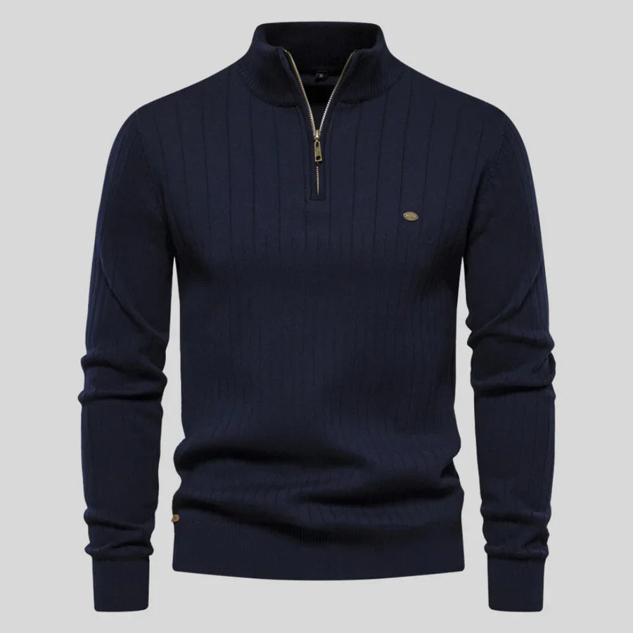 Men's Elegant Knitted Quarter-Zip Sweater - Dark Blue