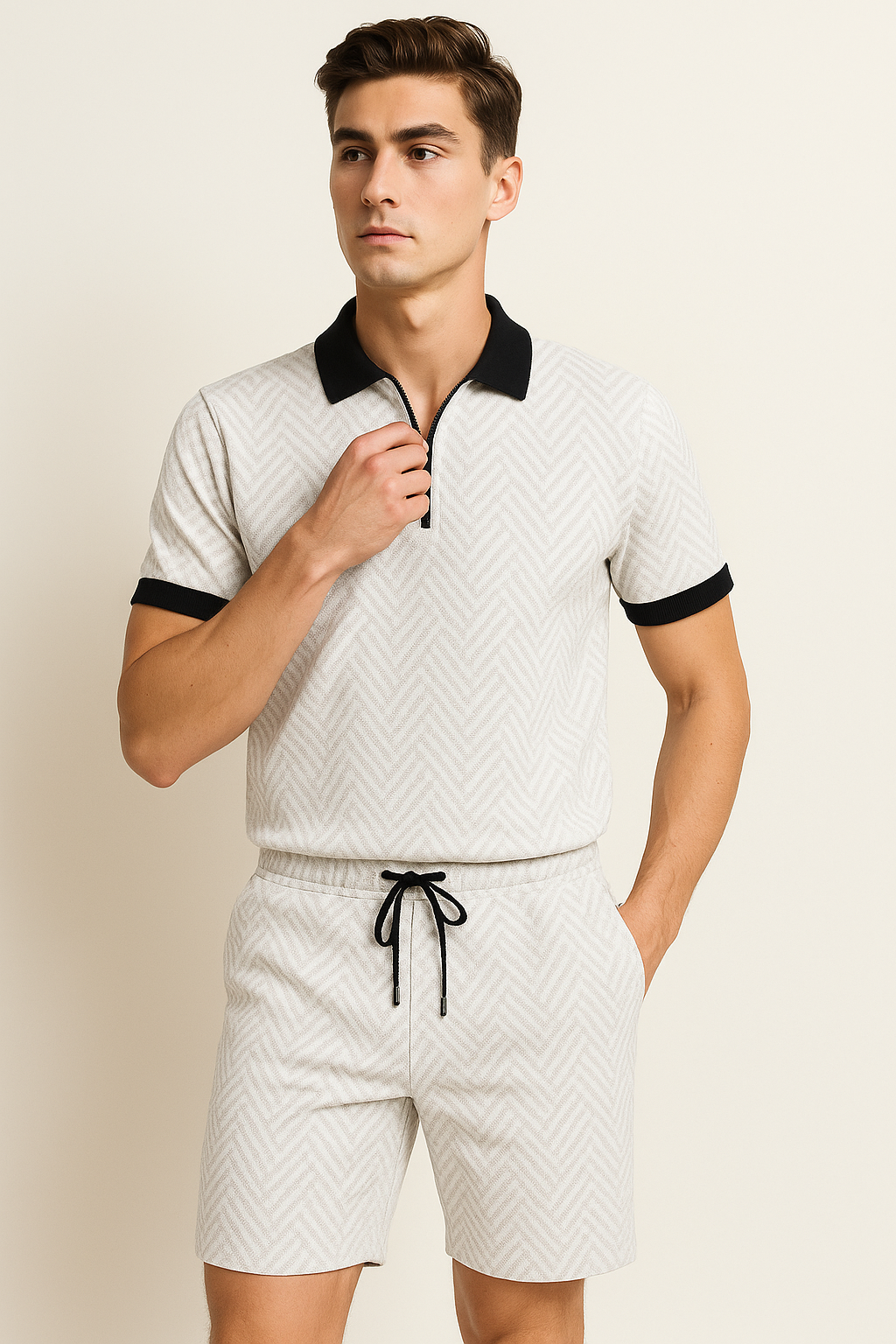 Modern Men's Casual Set with Trendy Print – White