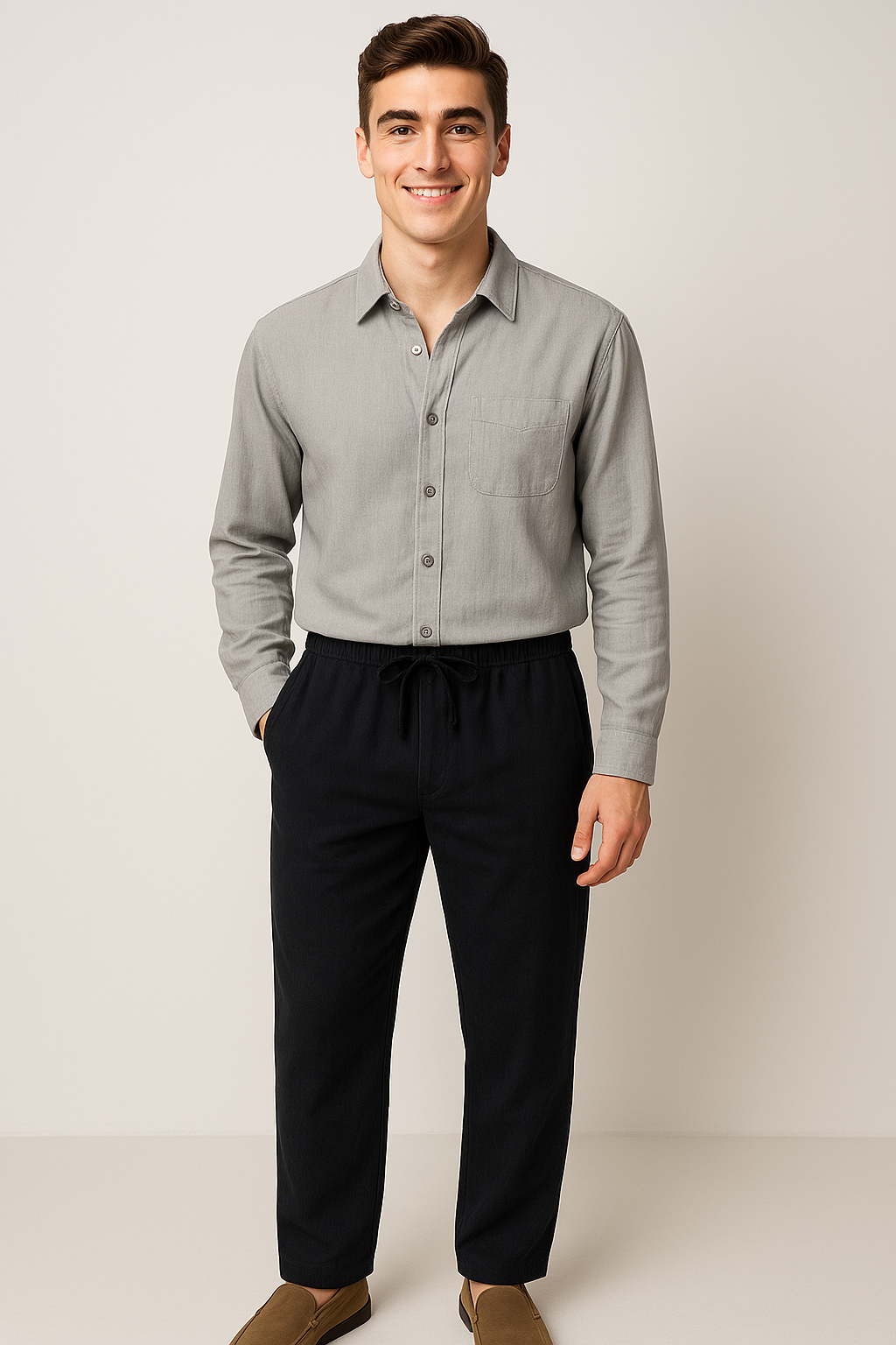 Classic Men's Linen Shirt and Trouser Set - Gray-Black