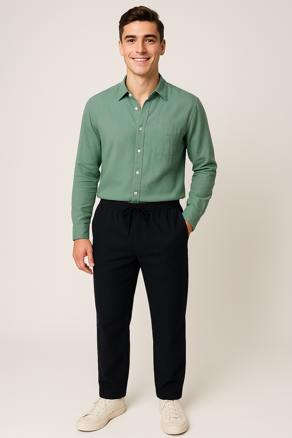 Classic Men's Linen Shirt and Trouser Set - Green-Black