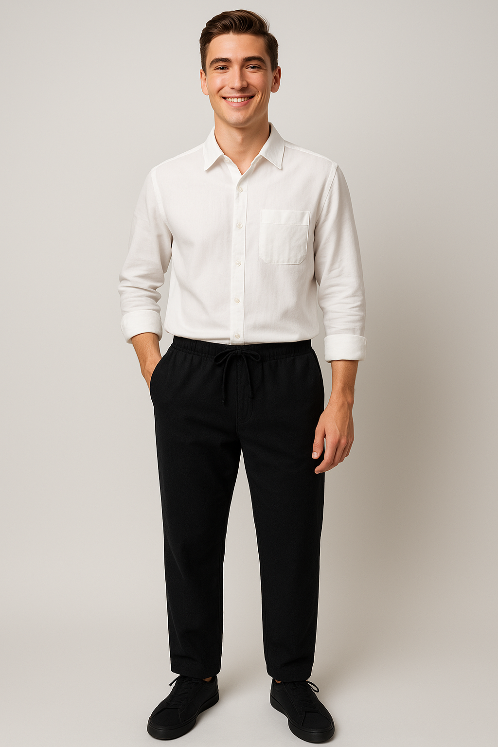 Classic Men's Linen Shirt and Trouser Set - White-Black