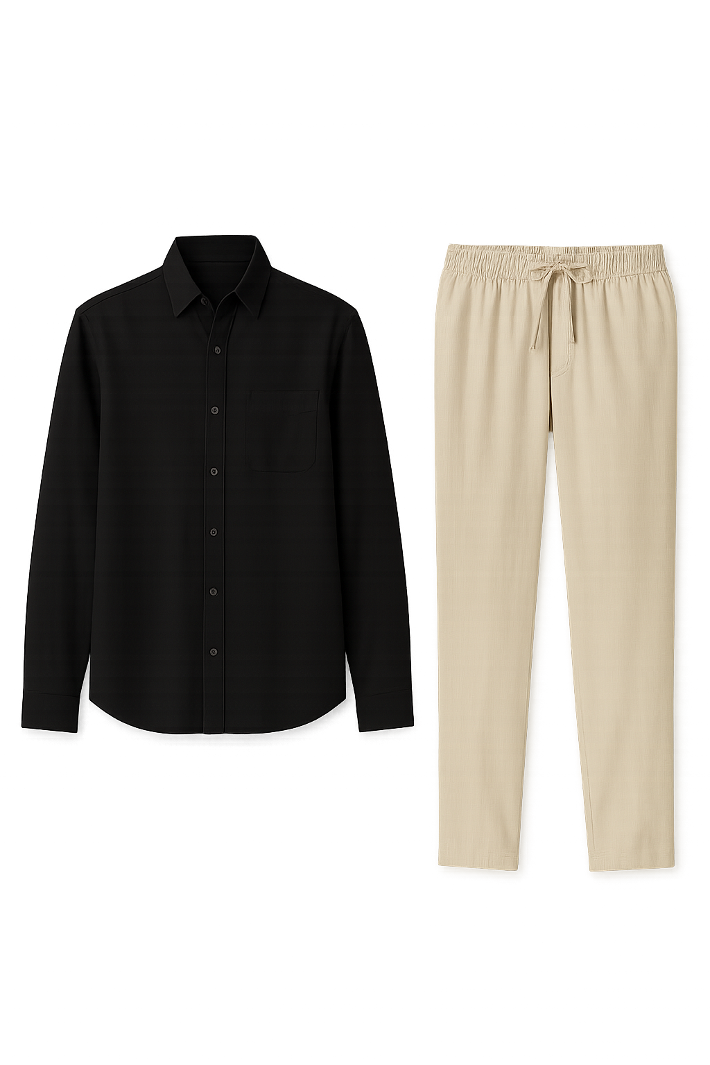 Classic Men's Linen Shirt and Trouser Set - Black-Beige